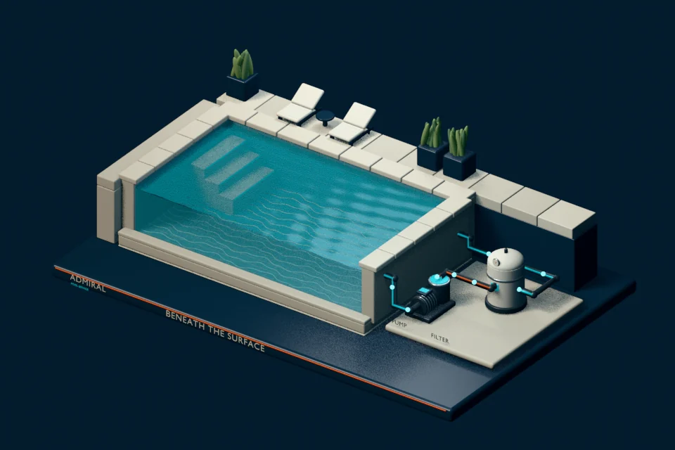 A three-dimensional pool cutaway with turquoise water, limestone decking, and an exposed pump and filter.