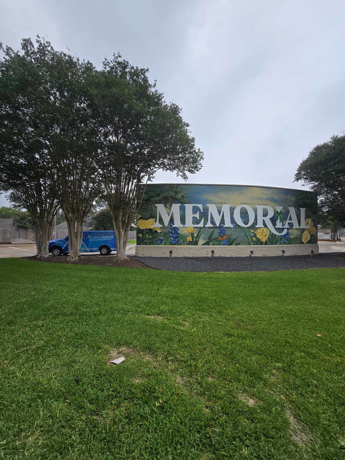 Admiral Pool Service van at the Memorial Villages monument — Bunker Hill, Hedwig, Hunters Creek, Piney Point, Spring Valley, Frostwood — West Houston